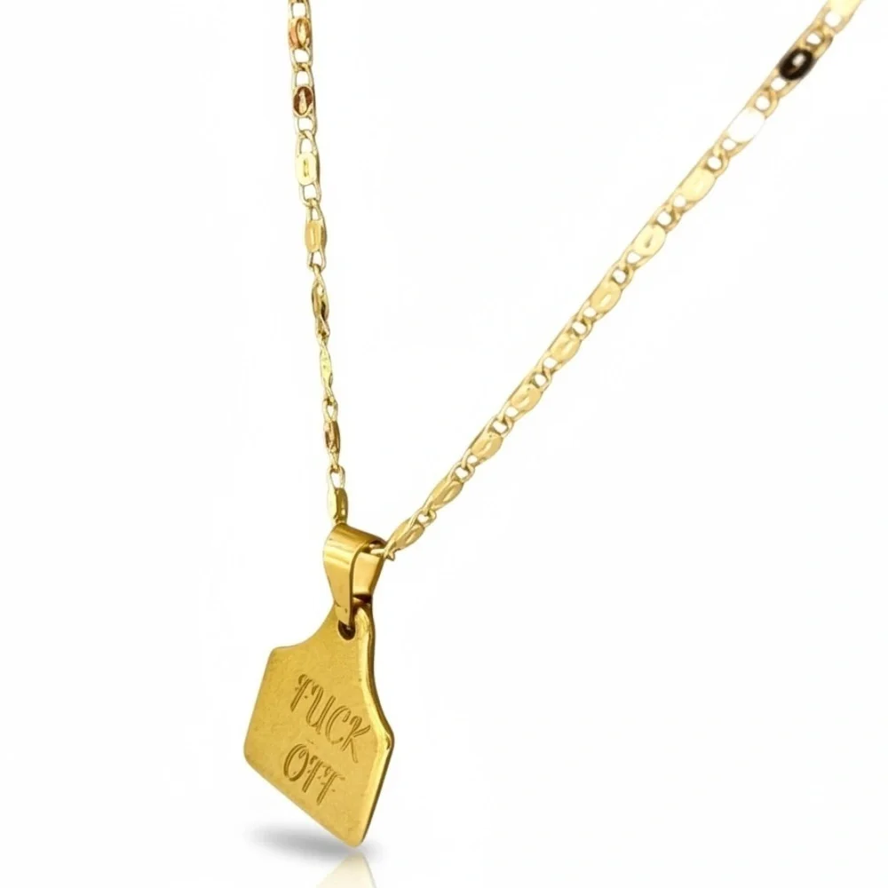 F.k off Gold Stainless Steel Cow Tag Pendant Goldfilled Necklace